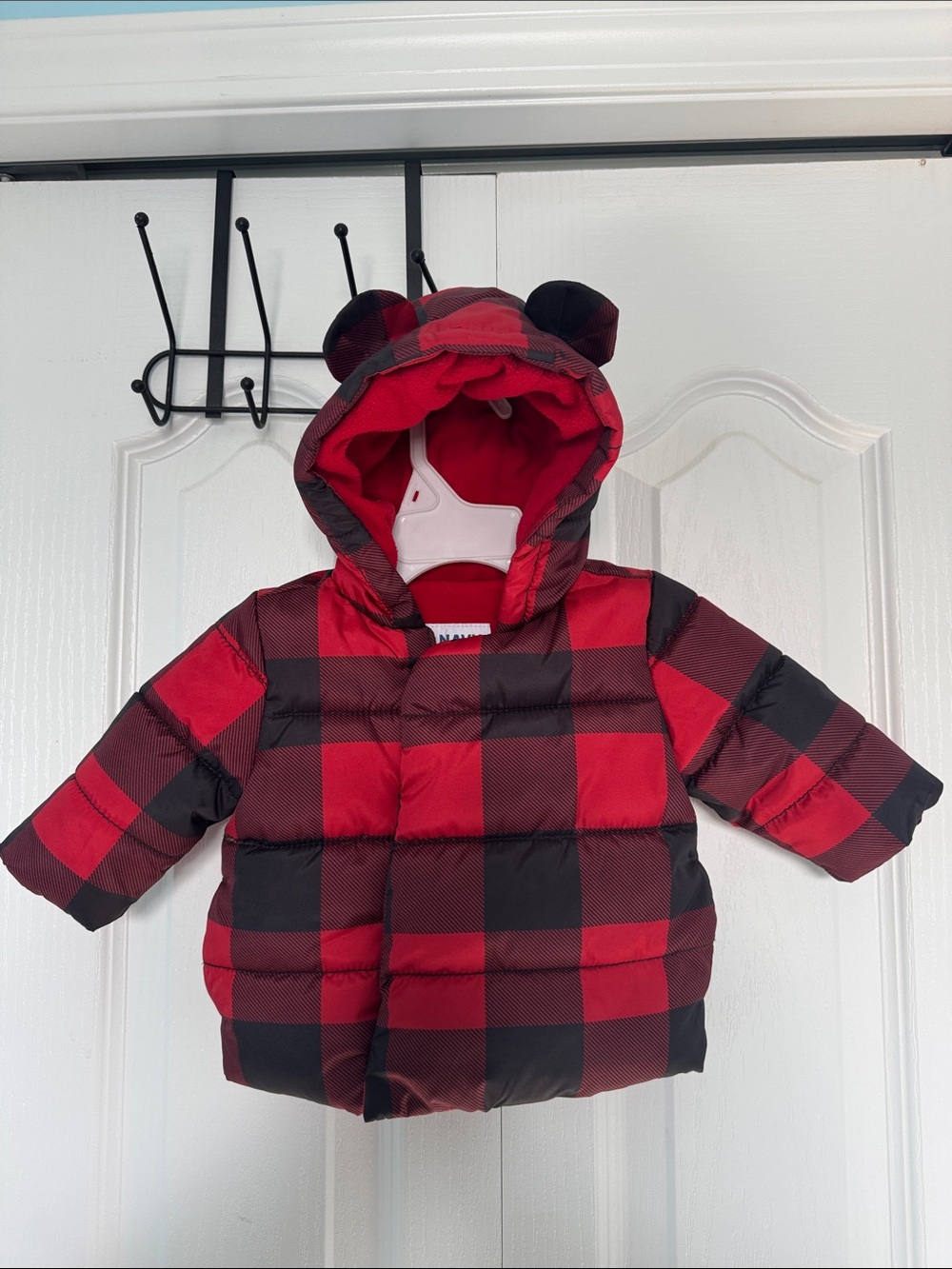 Old Navy Red & Black Buffalo Plaid Hooded Baby Jacket with Bear Ears Size 0-3